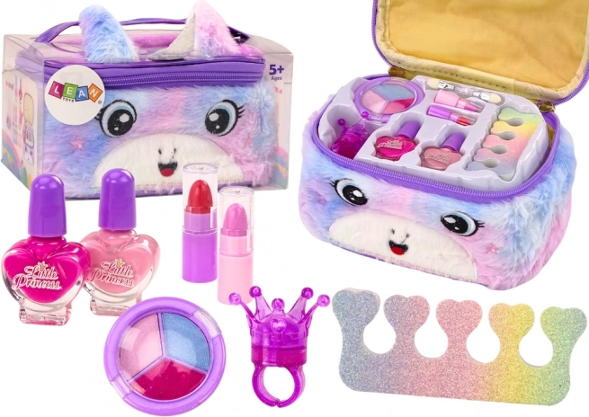 Gentuță cosmetică plușată pentru copii cu unicorn – set de machiaj și unghii