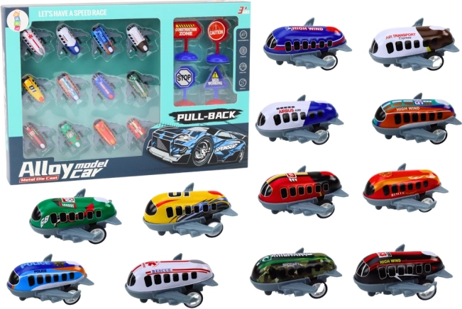 Set de 12 jucării în formă de avioane cu propulsie și semne de circulație