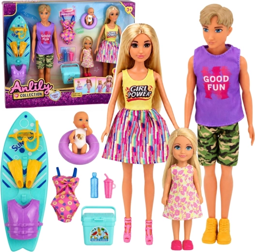 Set de familie de păpuși Anlily – surferi cu bebeluș și accesorii de plajă
