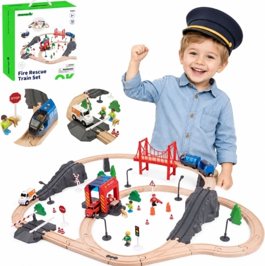 Set de tren electric din lemn Tooky Toy cu stație de pompieri și efecte sonore, 70 de piese, FSC
