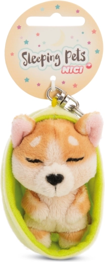 Nici breloc cu cățeluș Welsh Corgi adormit 12 cm cu husă verde