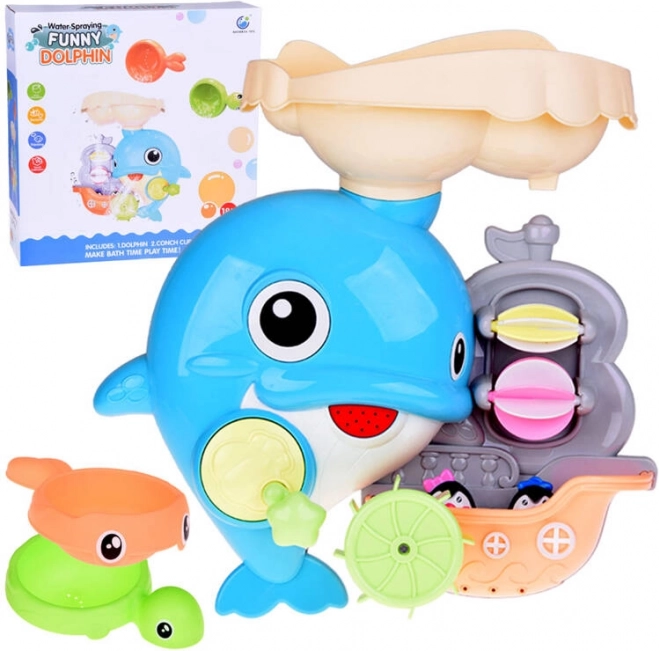 Delfinul vesel – jucărie de baie cu bărcuță și pinguini