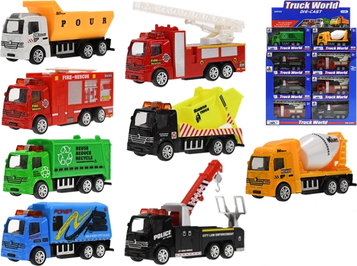 Camion metalic de 10 cm, scară 1:55, cu mecanism pull-back, 8 modele în cutie