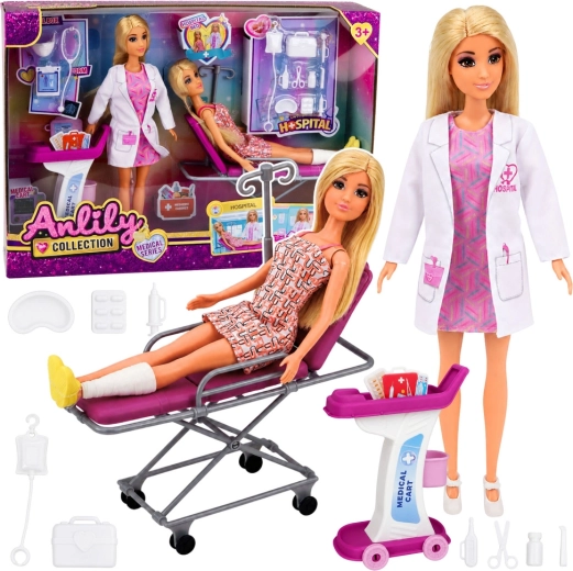 Set Anlily Collection: păpușă doctoriță cu păpușă pacientă, pat de spital și cărucior medical
