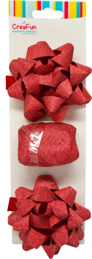 Set strălucitor pentru ambalare cadouri roșu cu panglică și fundițe stelare