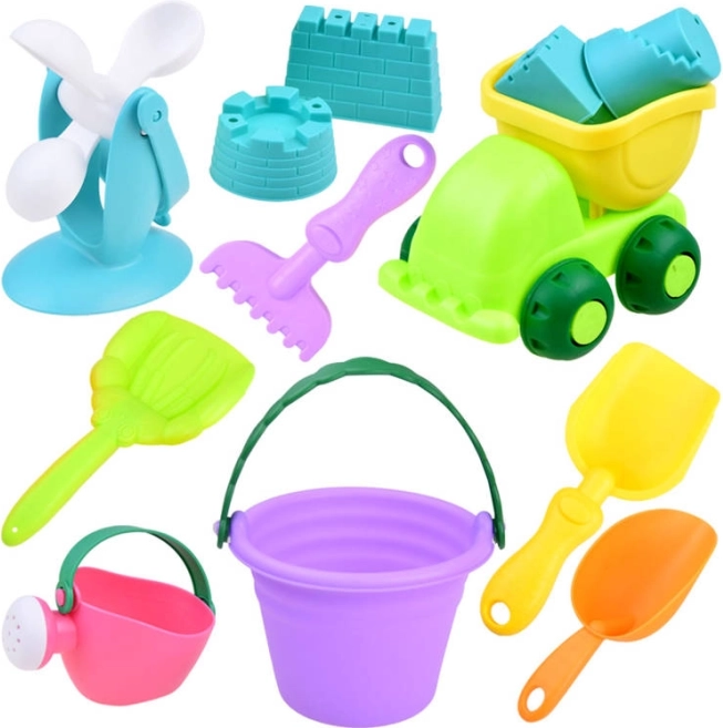 Set de jucării de nisip cu găletușă colorată și mașinuță