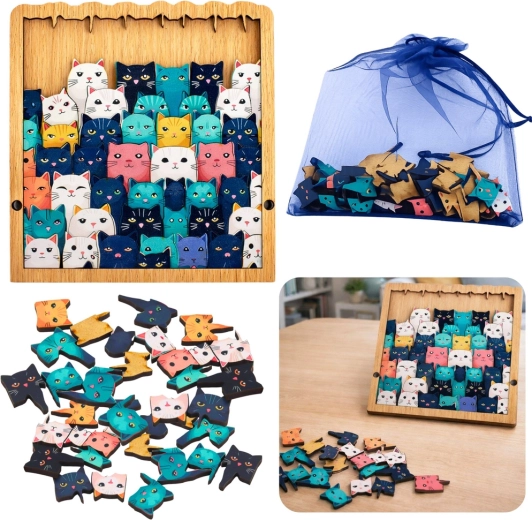 Puzzle din lemn cu pisoiași – joc logic educativ cu ramă și săculeț, 62 piese