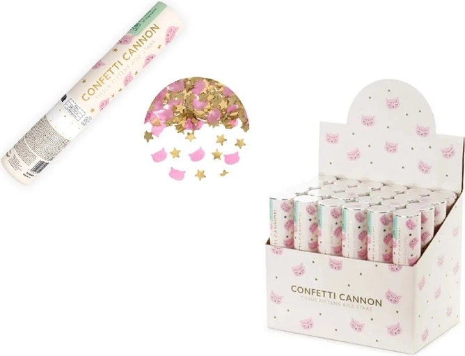 Tubă de confetti cu lansare, cu steluțe aurii și confetti roz în formă de pisicuțe, 20 cm