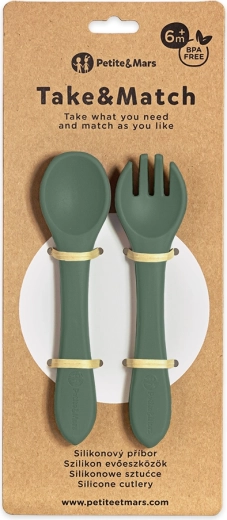 Tacâm de silicon pentru copii PETITE & MARS Take & Match Misty Green 6m+