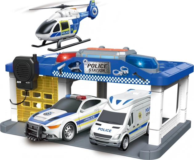 Secție de poliție cu elicopter, lumini și sunete