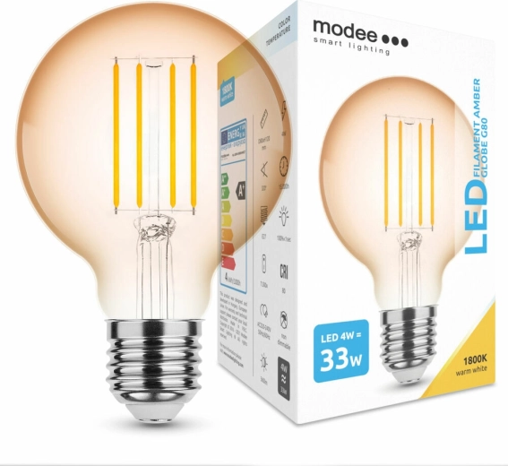 Modee bec LED cu filament Amber Globe G80 4W E27, 360 lm, alb cald