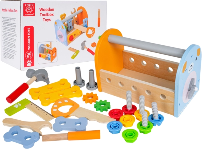 Set de unelte din lemn pentru copii cu cutie și ceas
