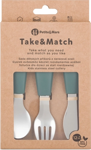 Petite&Mars set de tacâmuri pentru copii din oțel inoxidabil Take&Match Misty Green 12m+