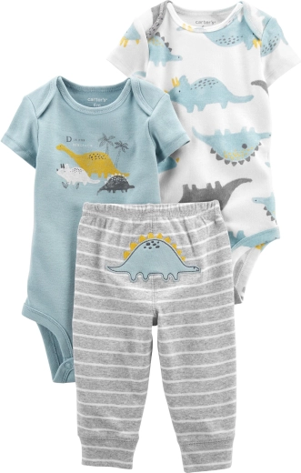 Set Carter's din 3 piese pentru băiețel Blue Dino – 2× body cu mânecă scurtă și pantaloni de trening