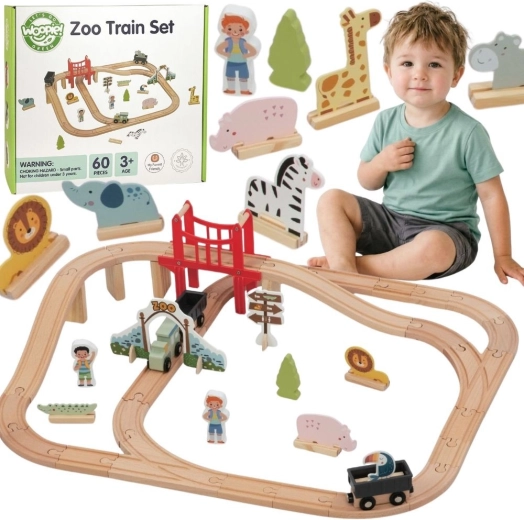 Circuit de trenuleț din lemn cu grădină zoologică Woopie Green XL, 60 de piese, FSC