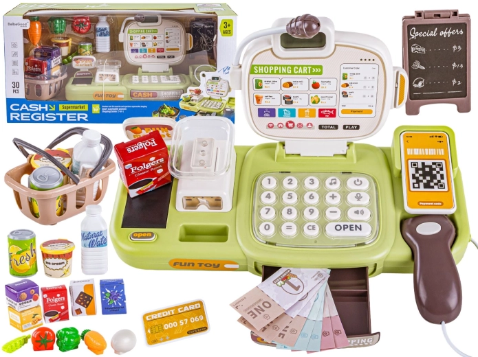 Casă de marcat educativă pentru copii pentru jocul „de-a magazinul”, cu cântar, calculator și cititor de coduri (30 piese) - 1 bucată