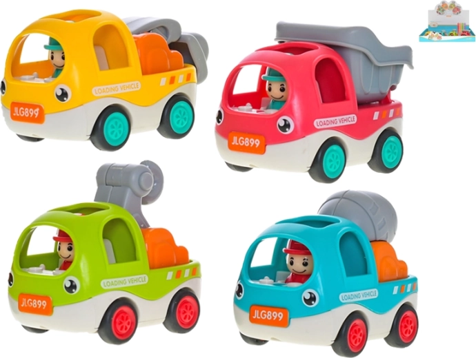 Mașinuțe de construcții vesele cu mecanism pull-back 6,5 cm – set 12 buc