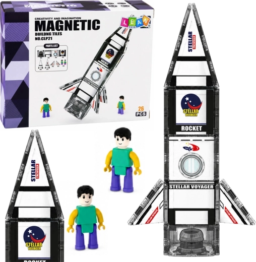 Piese de construcție magnetice – rachetă spațială cu figurină astronaut (26 piese)