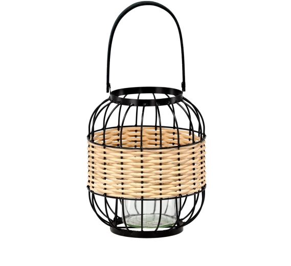 Lampion metal-lemn cu inserție de sticlă, înălțime 24/39 cm