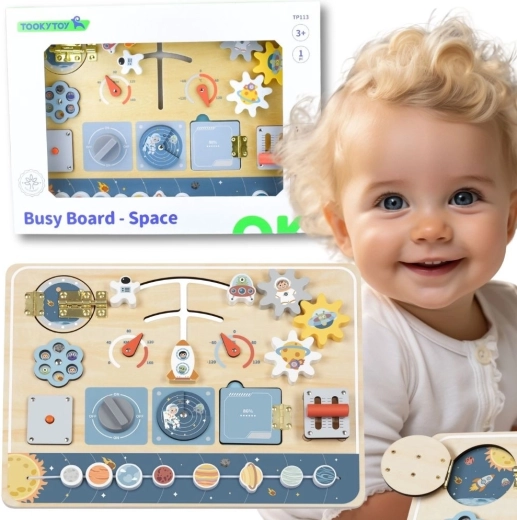 Placă de activități Montessori din lemn cu tematică spațială de la Tooky Toy