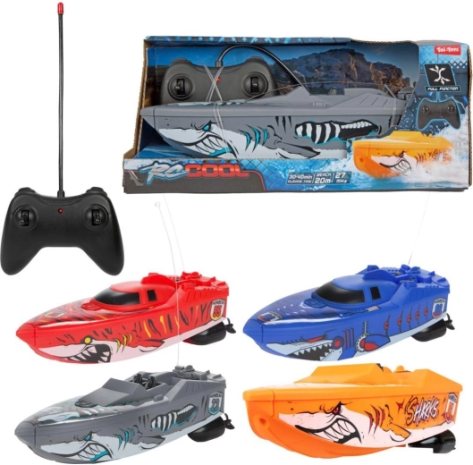 Șalupă cu motor RC cu telecomandă 27 MHz, cu motiv de rechin