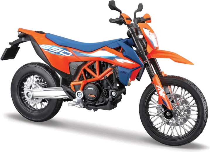 Model motocicletă Maisto 1:12 KTM 690 SMC R (2023) cu cric – portocaliu‑albastru