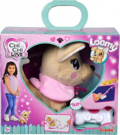 Cățeluș interactiv de pluș CHI CHI LOVE Loomy cu lesă luminoasă și telecomandă, 18 cm
