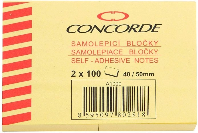 Bloc adeziv galben 40 × 50 mm CONCORDE, 2 × 100 foi