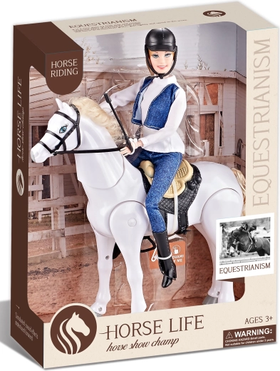 Cal alb de călărie pe baterii cu sunete și călăreață