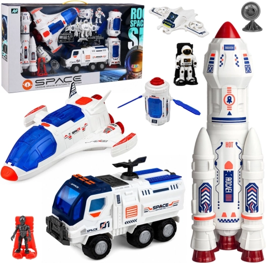 Set spațial mare: stație, rachetă, navetă spațială, vehicul de explorare și astronauți