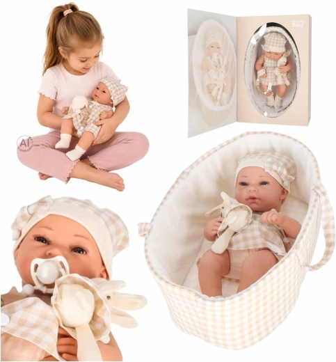 Bebeluș păpușă bej 38 cm cu port-bebe, suzetă și iepuraș de pluș