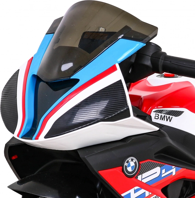Motocicletă electrică pentru copii BMW HP4, roșie, 3 roți, lumini LED, MP3/USB, șa din piele eco