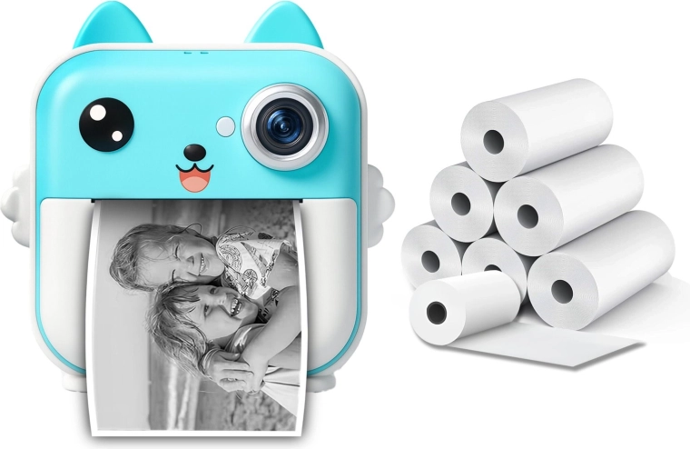 Aparat foto instant cu mini imprimantă termică 48 Mpx, albastru (inclusiv 6 role)
