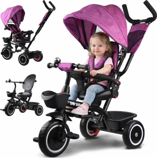 Tricicletă pentru copii 3‑în‑1 cu baldachin TINY BIKE – Roz
