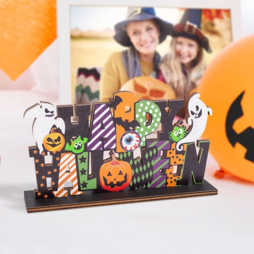 Decorațiune din lemn de Halloween pentru raft Happy Halloween