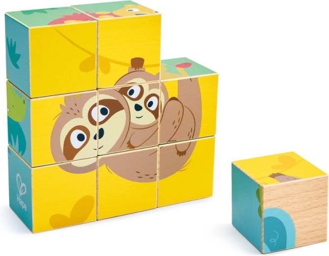 Puzzle din cuburi din lemn cu animale sălbatice Hape