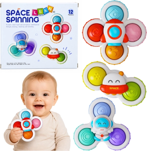 Spinnere senzoriale cu ventuză pentru bebeluși – motiv spațial, set 3 buc.