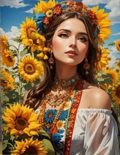 Pictură cu diamante Slavă între floarea-soarelui 30 × 40 cm