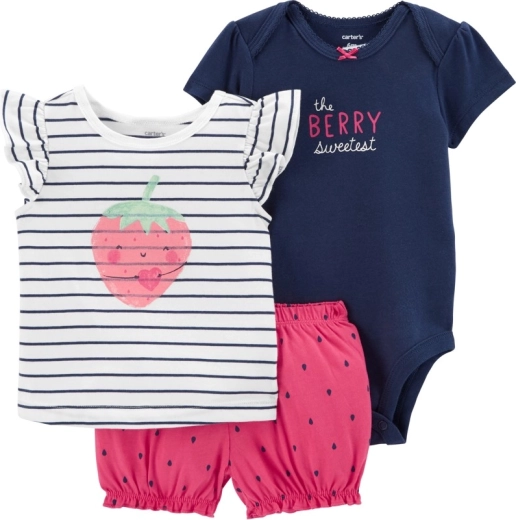 Set de vară pentru fetițe, 3 piese STRAWBERRY STRIPES din bumbac (body, tricou, pantaloni scurți)