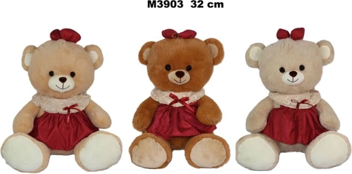 Ursuleț de pluș în rochiță, 32 cm, 3 variante de culoare - 1 bucată