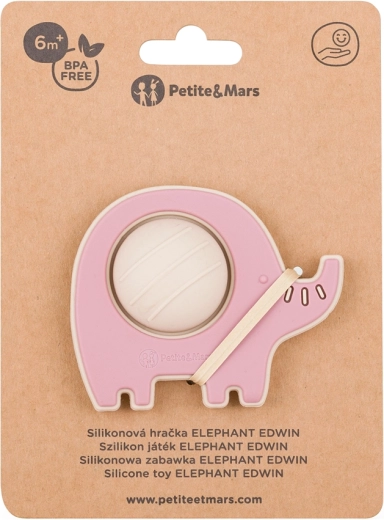 Petite&Mars jucărie și inel de dentiție din silicon Elefantul Edwin dusty rose 6m+