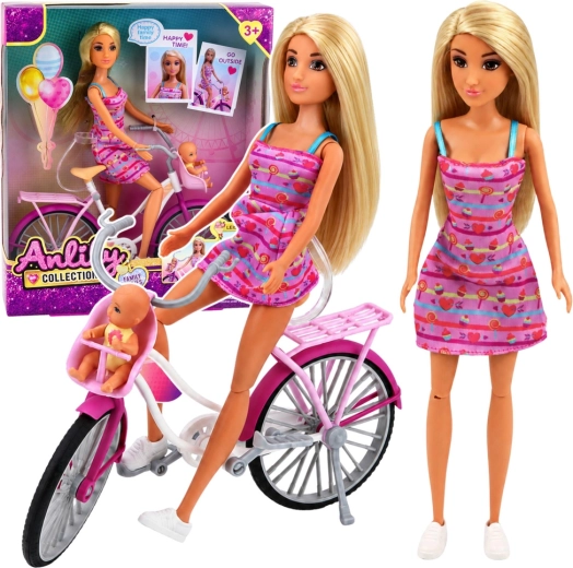 Păpușa Anlily în rochie roz cu bicicletă, scaun pentru copil și bebeluș