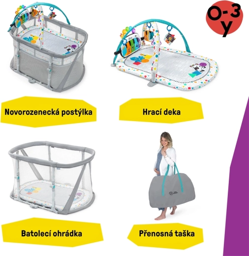 Baby Einstein pătuț și țarc de joacă cu pian 3‑în‑1 Kick & Snooze