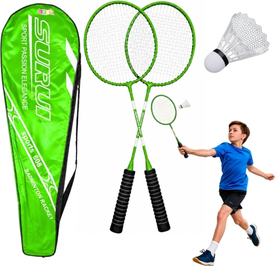 Set de badminton verde cu 2 rachete, fluturaș și husă