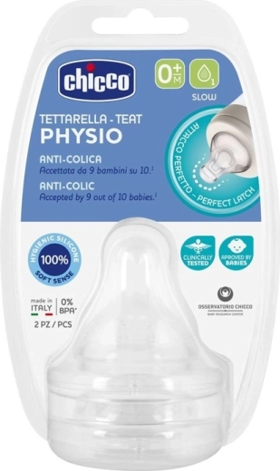 Tetina Chicco pentru biberon Physio, flux lent 0m+, 2 buc