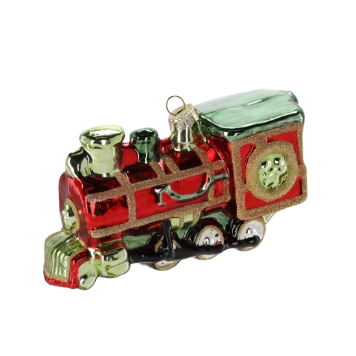 Glob de Crăciun din sticlă în formă de locomotivă în roșu, verde și auriu