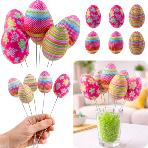 Ouă decorative de Paște pe sârmă, cu buline, dungi și flori - 6 buc.