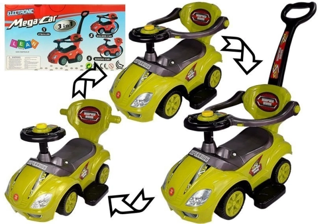 Trotinetă cu bară de ghidare Mega Car 3‑în‑1 – galbenă