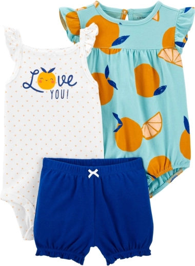 Set Carter’s din 3 piese: body cu bretele, body cu mânecă scurtă și pantaloni scurți, blue orange, pentru fetiță 6 luni