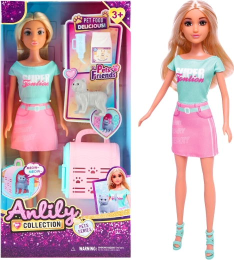 Păpușă cu cutie de transport și pisică